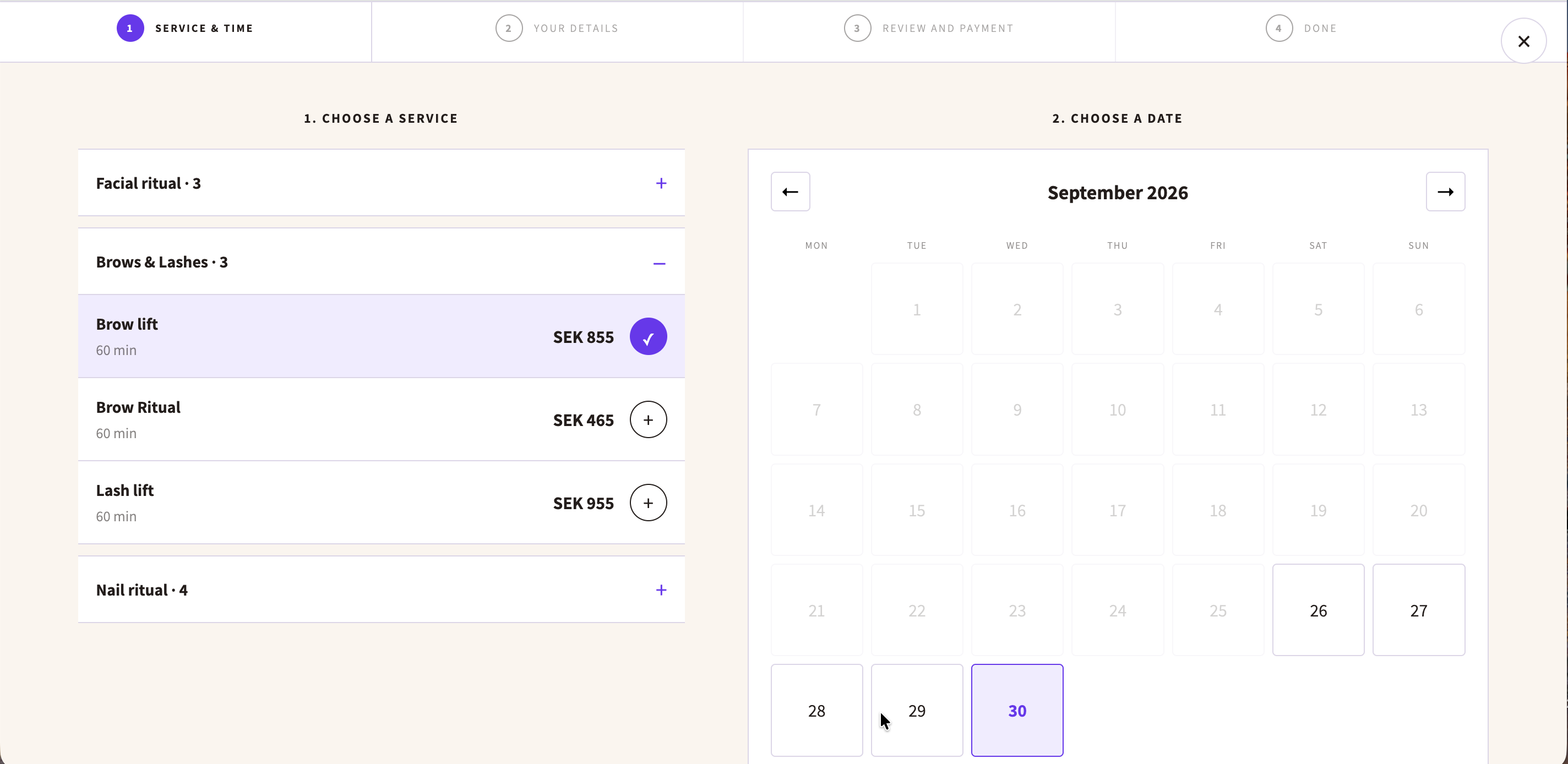 Customer choosing a Dollflow service and date