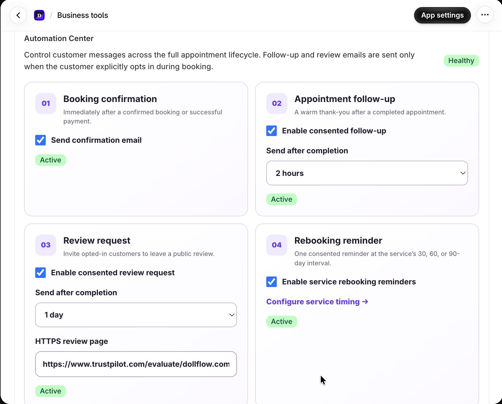 Dollflow Automation Center with confirmation, follow-up, review request and rebooking workflows