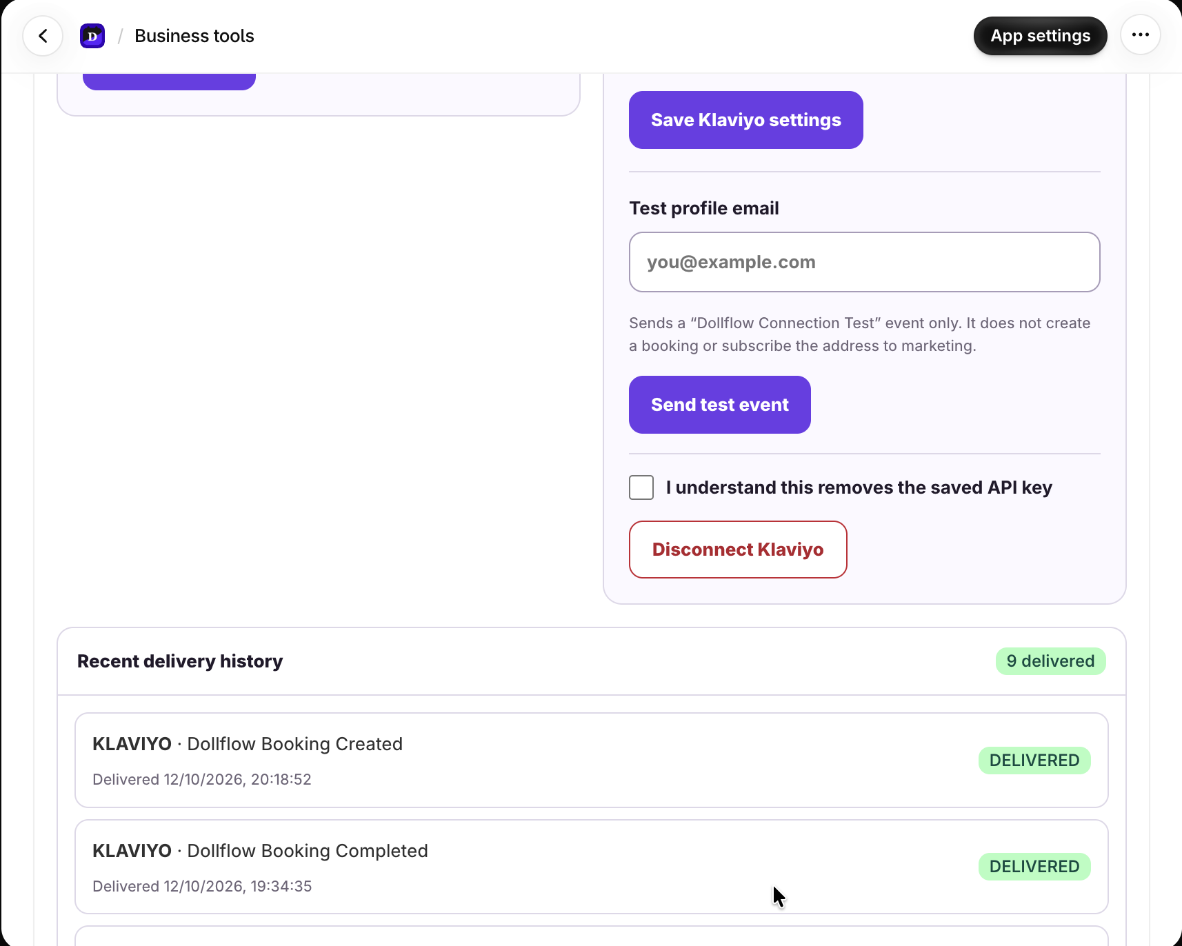 Dollflow recent integration delivery history with delivered Klaviyo events