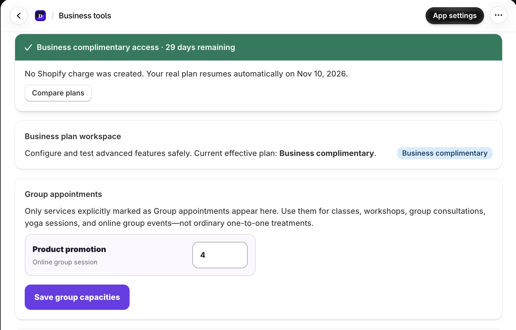 Dollflow Business plan group appointment capacity settings