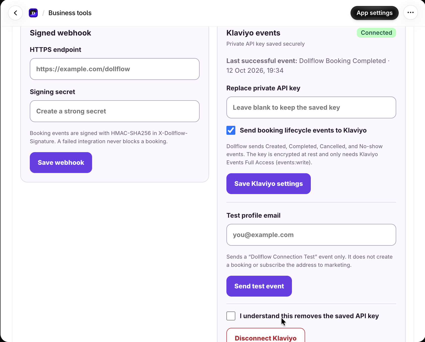 Dollflow signed webhook and connected Klaviyo event controls
