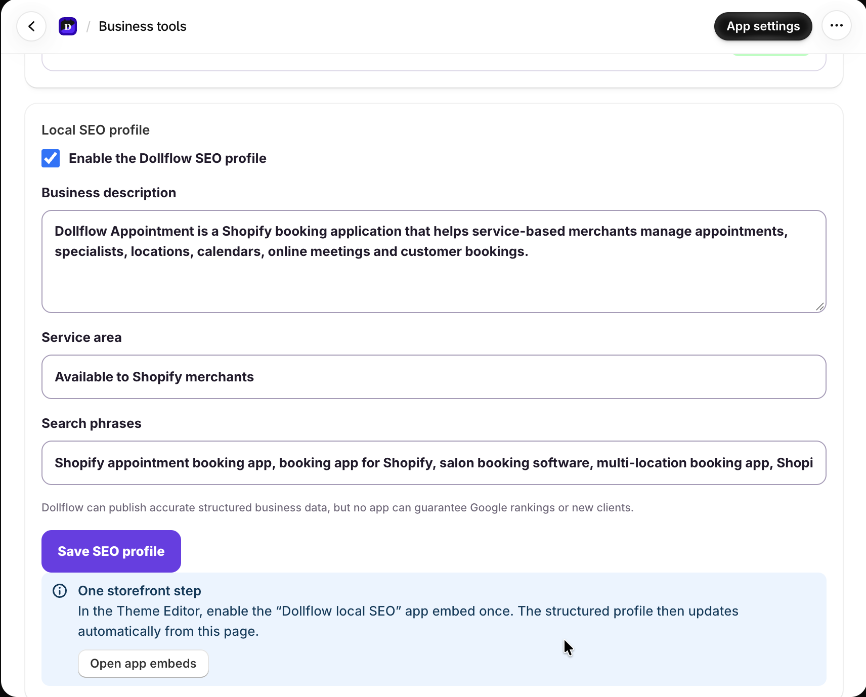 Dollflow Local SEO profile settings and storefront app embed instruction