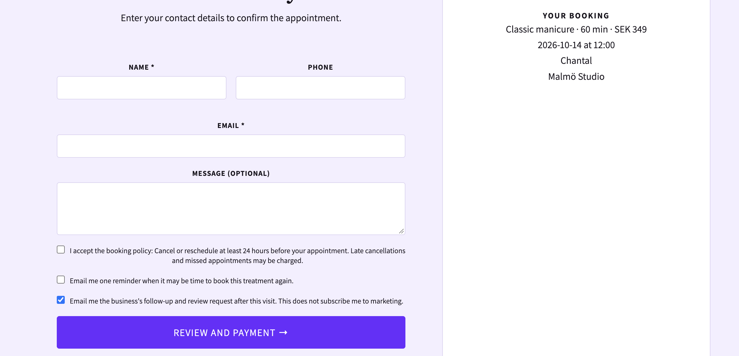 Customer booking form with a selected post-visit email consent checkbox