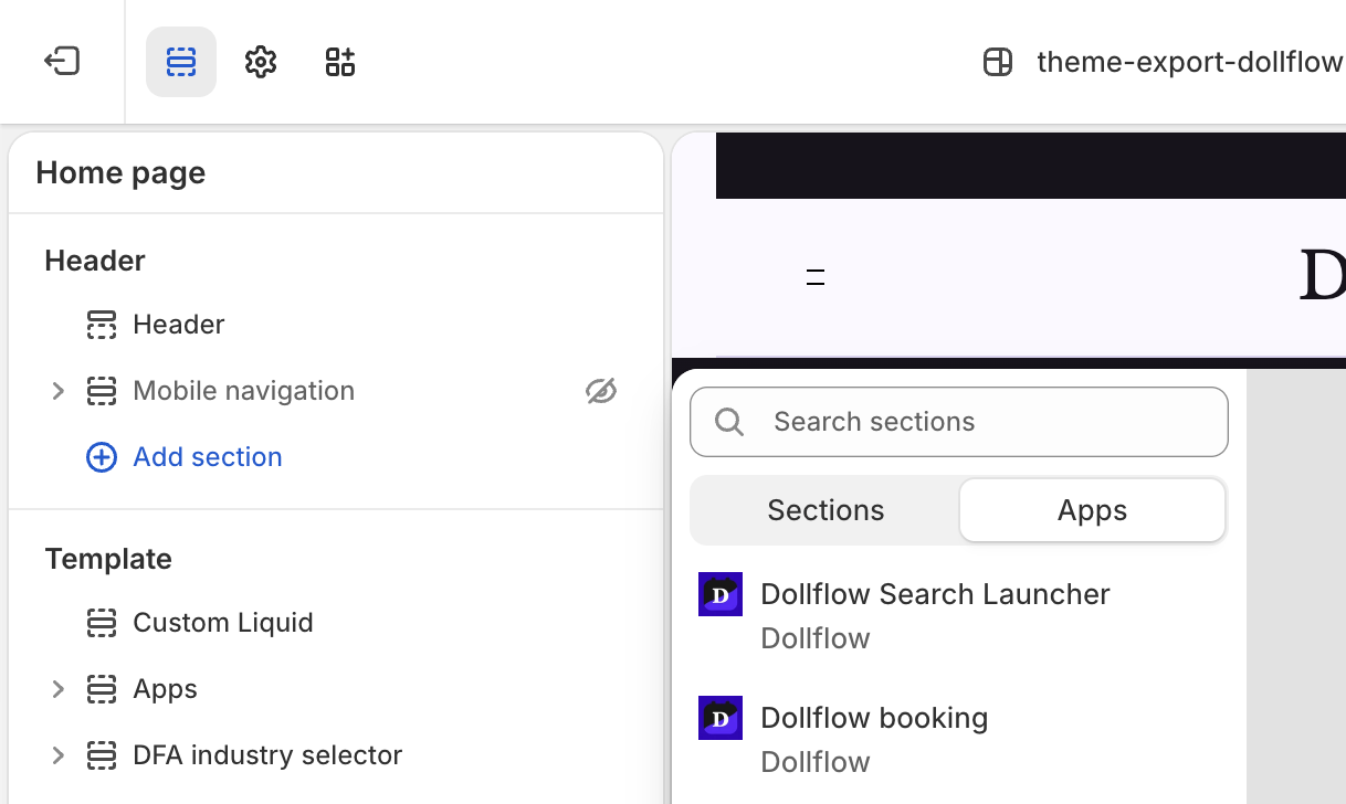 Shopify Theme Editor Apps panel showing Dollflow Search Launcher and Dollflow booking blocks