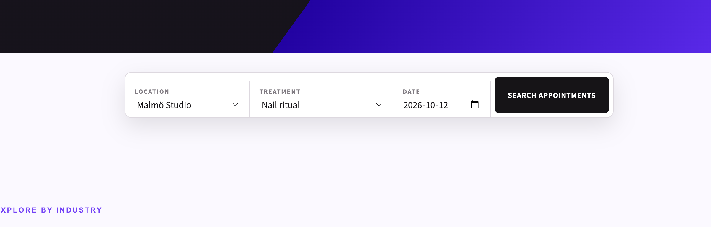 Dollflow storefront appointment search launcher with location, treatment and date controls
