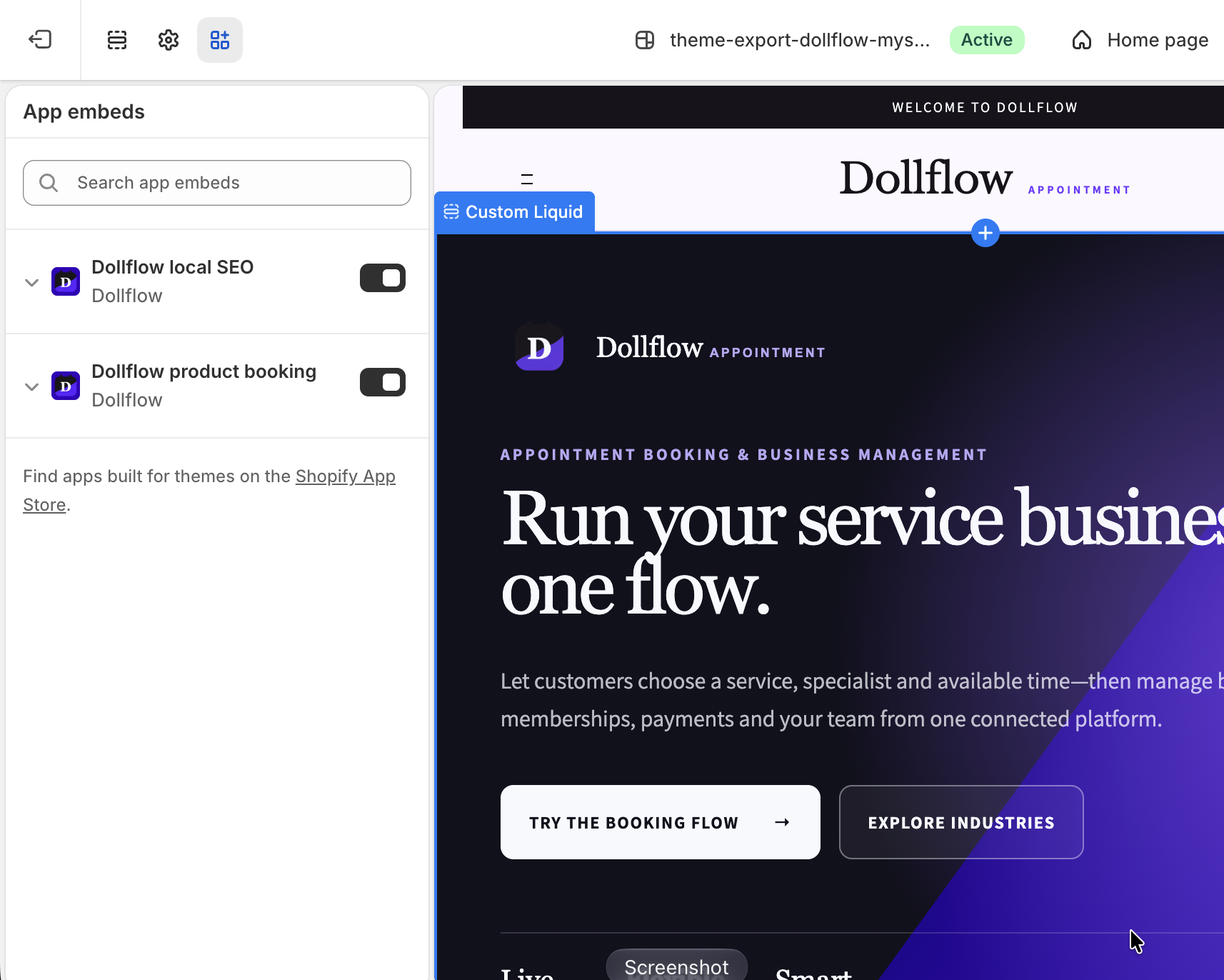 Shopify Theme Editor App embeds panel with Dollflow local SEO and product booking