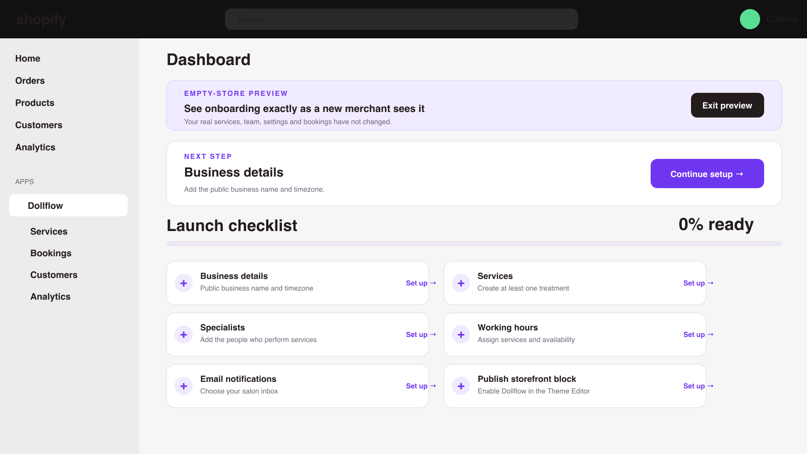 Dollflow dashboard empty state