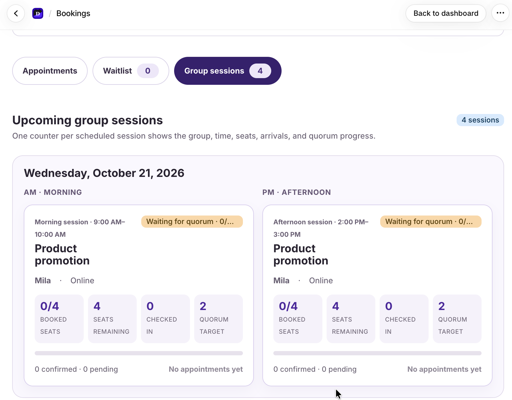Dollflow Group sessions dashboard with separate morning and afternoon capacity counters
