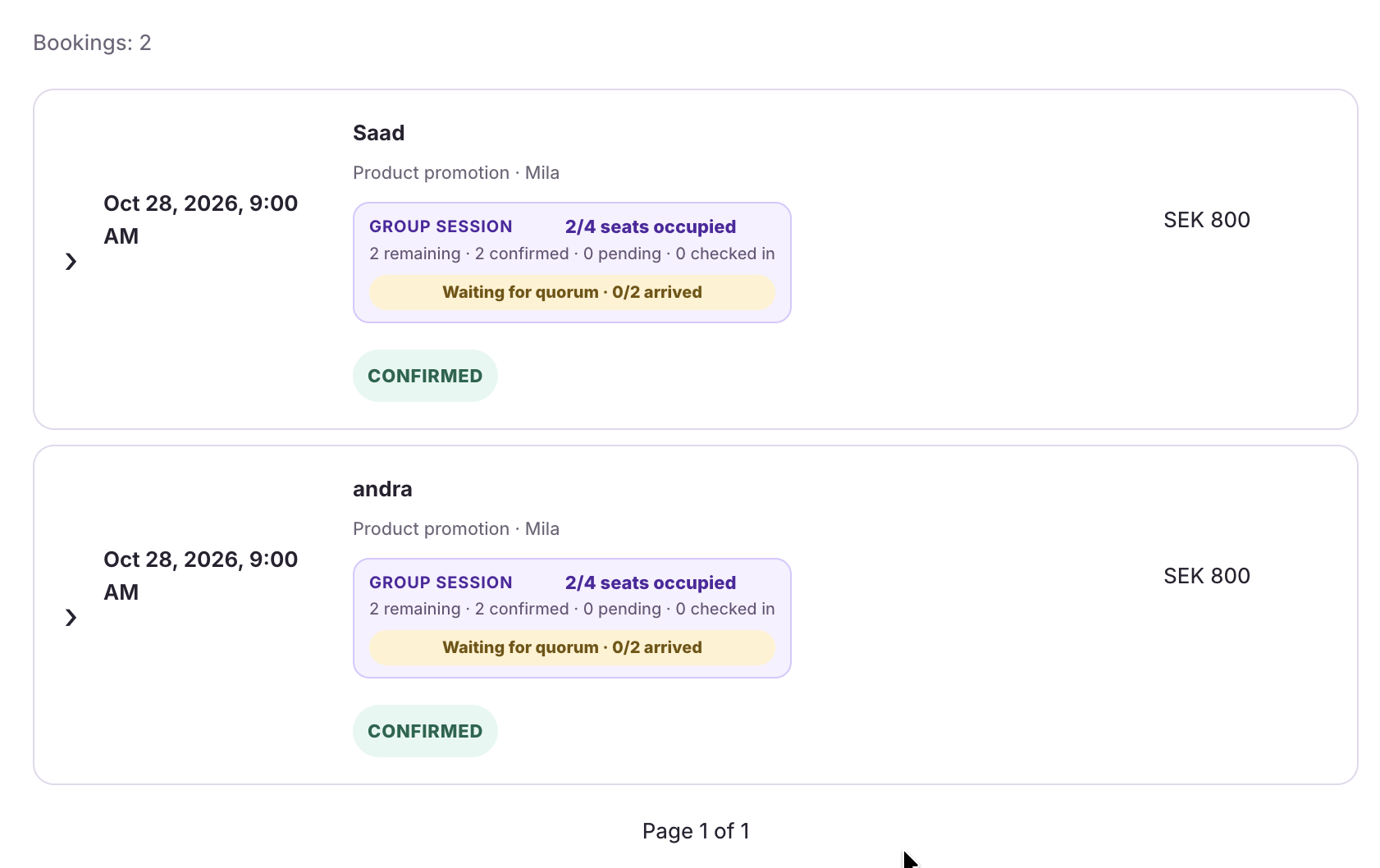 Dollflow booking rows showing occupied seats and live quorum progress
