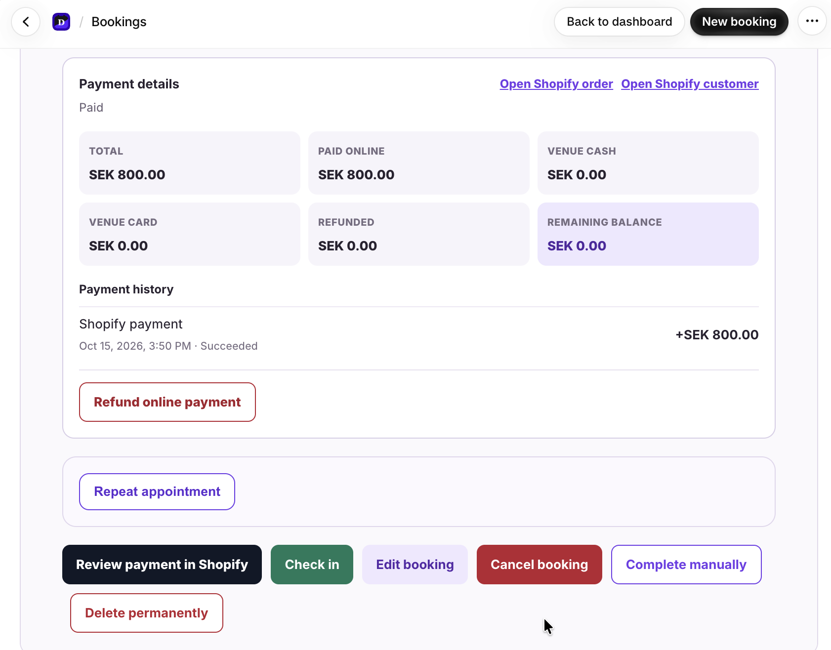 Dollflow booking details with the merchant Check in action highlighted in green