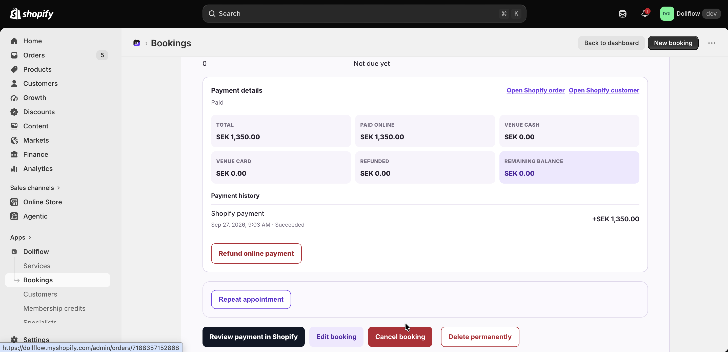 Dollflow payment details and refund controls